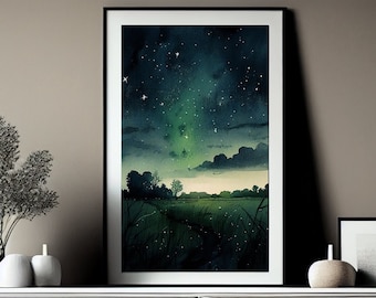 Green Wall-art-print Landscape Bedroom Wall Decor Northern Lights Sky Aurora Borealis Wall Art Printed Artwork Print Living Room Art