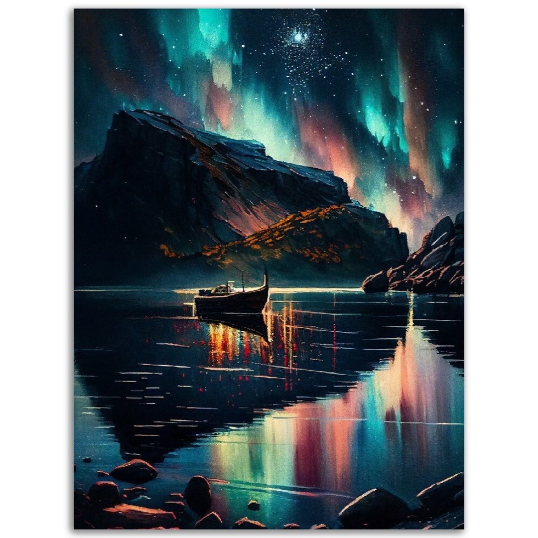 Northern Lights Wall Art Lake Boat Poster Watercolor Aurora Borealis