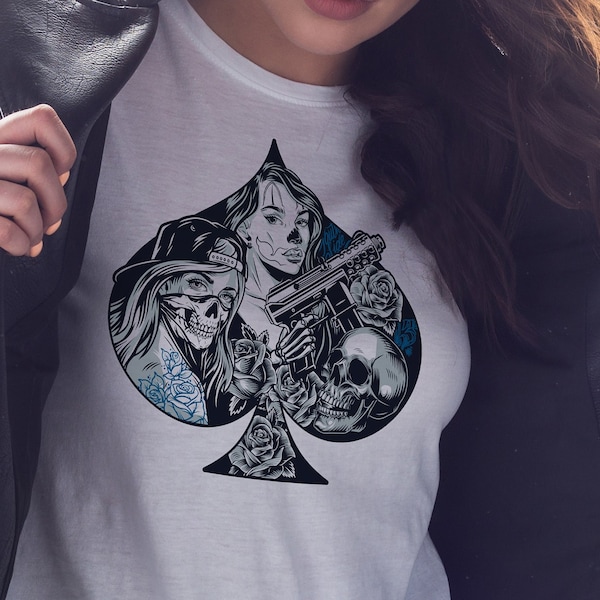 monochrome concept in shape of playing card spades with pretty girls skull roses skeleton hand | Clothing Cotton T Shirt |Gift for her