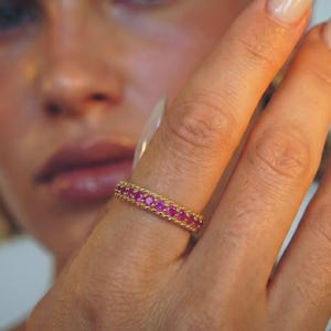 Gold Stacking Ring, CZ Eternity Band Pink Ruby, Twisted Rope 925 Silver, Gift for Her