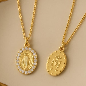 Gold Virgin Mary Necklace, Diamond Miraculous Medal Pendant, Dainty Guadalupe Medallion Charm, Religious Jewelry Gift, Baptism Gift