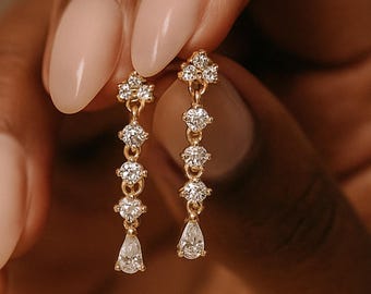 Dainty Diamond Dangle Drop Earrings, Minimalist Marquise Birthstone Earrings, 18k Gold Dangle Earrings, Bridal Jewelry, Bridesmaids Gift