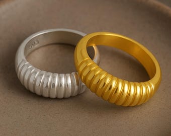Chunky 18K Gold Dome Ring: Ribbed Sterling Silver Statement Jewelry