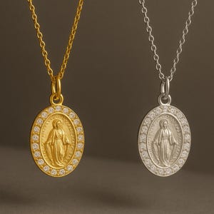 Gold Virgin Mary Necklace, Diamond Miraculous Medal Pendant, Dainty Guadalupe Medallion Charm, Religious Jewelry Gift, Baptism Gift