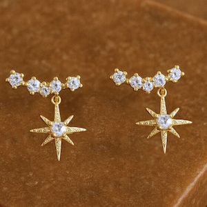 Pendientes de botón con forma de estrella dorada, delicados pendientes de diamantes celestiales, pendientes colgantes de plata de ley para cartílago, regalo para mamá