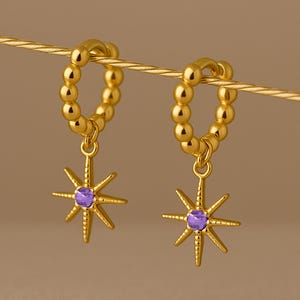 18K Gold Plated Star Birthstone Earrings, Sterling Silver Dangle Hoop Earrings, Dainty Celestial Jewelry, Mother's Birthday Gift for Her