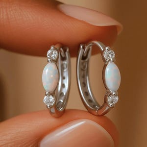 Minimalist Silver Opal Huggie Hoop Earring, Sterling Silver Opal Huggie Hoop Earrings, White Opal Earrings, Bridesmaids Gift for Her