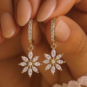 Classic Diamond Flower Hoop Earrings, Sterling Silver Dangle Drop Earrings, Huggie Hoop Earrings, Bridesmaid Gifts, Anniversary Gift for Her
