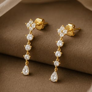 Sterling Silver CZ Diamond Drop Earrings, Minimalist Bridal Diamond Dangle Earrings, Bridesmaids Gift for Her, Anniversary Gift for Wife