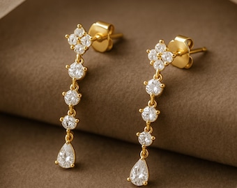 Dainty Diamond Dangle Drop Earrings, Minimalist Gold Marquise Birthstone Dangle Earrings, Elegant Bridal Jewelry, Bridesmaids Gift