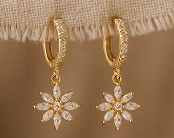 18k Gold Diamond Hoop Earrings, Silver Flower Drop Earrings, Dainty Huggie Hoops, Minimalist Jewelry, Bridesmaid Gift, Bridal Jewelry