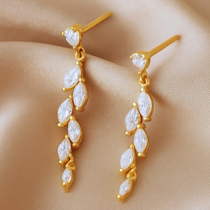 Orecchini pendenti in oro 18k con diamanti, orecchini minimalisti con pietra portafortuna a taglio marquise, gioielli da sposa in argento sterling, orecchini da sposa, regalo per damigelle d'onore