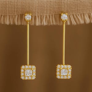 Gold Diamond Dangle Drop Earrings, Dainty CZ Square Dangle Earring, 18k Gold Plated Long Earrings, Wedding Jewelry, Bridesmaids Gift for Her