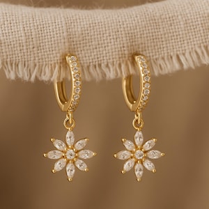 Gold Marquise Floral Drop Earrings, Dainty CZ Statement Earrings, Minimalist Bridesmaid Gift, Elegant Wedding Jewelry, Gift for Her