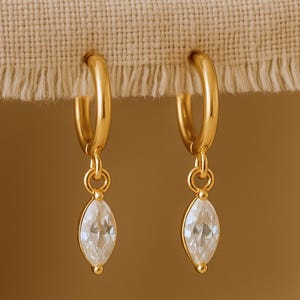 18k Gold Marquise Drop Earrings, Dainty CZ Huggie Earrings, Sterling Silver Dangle Earrings, Bridal Jewelry, Bridesmaid Gift for Her