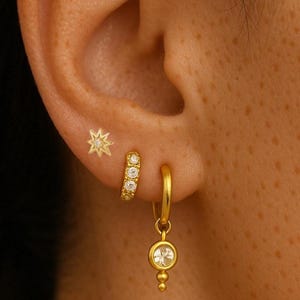 18k Gold Diamond Huggie Hoop Set, Stacking Dangle Hoop Earrings, Dainty Cartilage Stud Earrings, Birthstone Jewelry Gift Set, Gift for Her