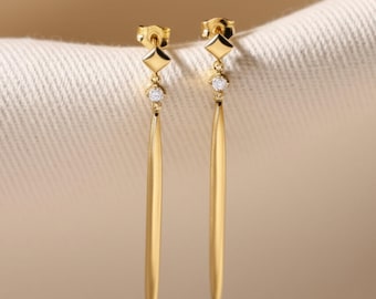 Minimalist Diamond Drop Earrings, Dainty 18k Gold Earrings, Dangling Diamond Earrings, Huggie Hoop Earring, Bridesmaids Gift for Her