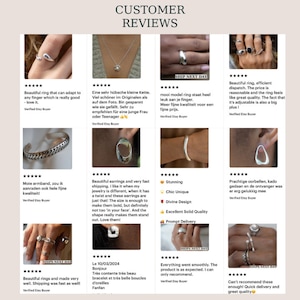 Puede incluir: Comentarios de clientes para una variedad de joyas de plata, incluyendo anillos, aretes, pulseras y collares. Las joyas se muestran sobre un fondo blanco con un logotipo de 'Env&iacute;o al d&iacute;a siguiente'.