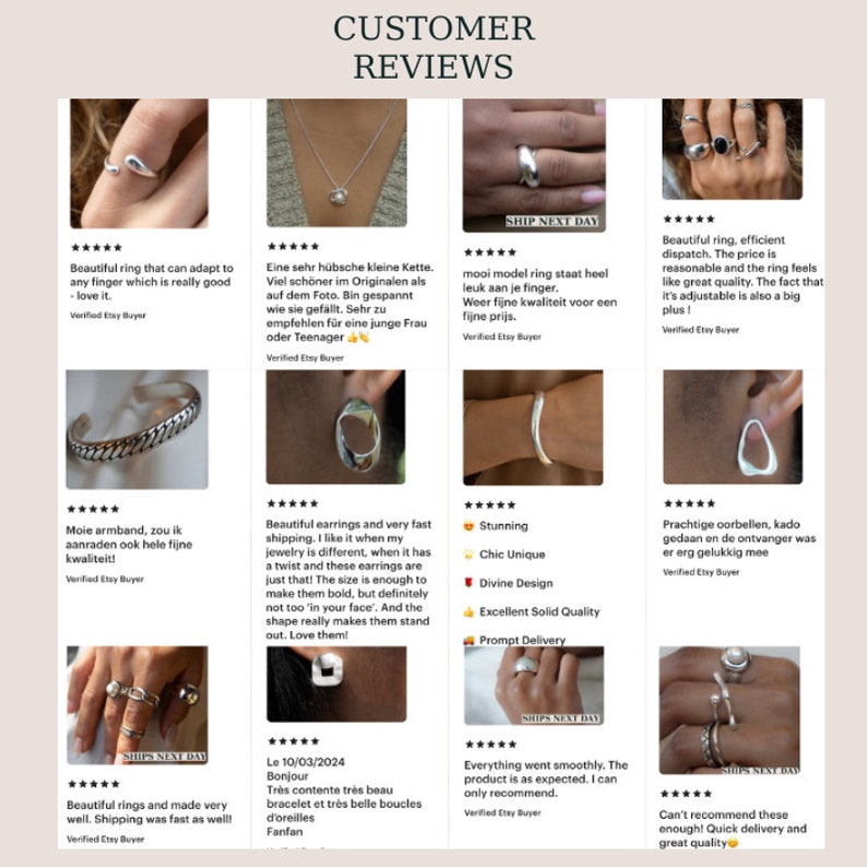 Puede incluir: Comentarios de clientes para una variedad de joyas de plata, incluyendo anillos, aretes, pulseras y collares. Las joyas se muestran sobre un fondo blanco con un logotipo de 'Env&iacute;o al d&iacute;a siguiente'.