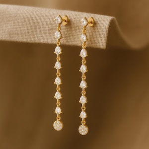 Boucles d'oreilles pendantes pendantes diamants or, boucles d'oreilles minimalistes avec pierre de naissance marquise, boucles d'oreilles pendantes délicates, bijoux de mariée, cadeau de demoiselles d'honneur pour elle