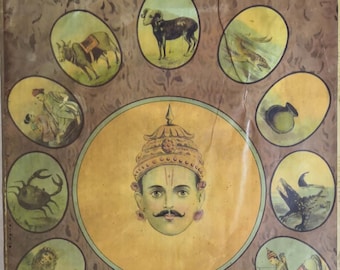 May include: A vintage illustrated poster depicting the twelve zodiac signs in a circular arrangement around a central image of a man's face. The signs are depicted in a traditional style with vibrant colours and intricate details. The poster is titled "Ravi Varma" and includes the text "Registered No. 492", "Bhanant Shivaji Desai", "Dwadasha Rashi", and "Moti Bazaar Mumbai".
