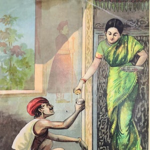 Vintage Poster Nag Pujan Snake Worship Old Rare Raja Ravi Varma Original devotional Print of Press India Hard to Find (P-30)