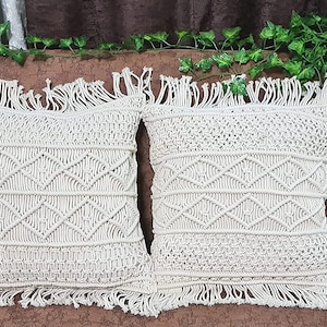 Macrame Cushion Cover Cotton Linen Hand-Woven Thread Pillow Covers Geometry Style Pillowcase Home Bed Sofa Bench Boho Home Decor 18x18 Inch.
