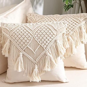 Macrame Cushion Cover Cotton Linen Hand-Woven Thread Pillow Covers Geometry Style Pillowcase Home Bed Sofa Bench Boho Home Decor 16x16 Inch.