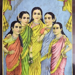 Vintage Poster deity goddess Sita, Dropadi, Tara divinity Old Rare Ravi Varma Press Original Devotional Print of Press India Hard to Find