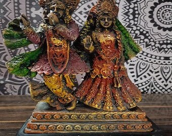 Vintage Resin Radha Krishan Pair Statue, Hindu goddess Idol, Hare Krishna Murti, Divine Couples, Spiritual Showpiece, home deco Loving gift