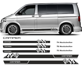 May include: A silver van with black side stripes and the word "CAMPER" printed on the side. The van has a mountain and palm tree graphic on the side. The image also shows a set of four black and white decals with the word "CAMPER" and a mountain and palm tree graphic. The decals are labeled "T4 Heckstreifen", "T6 Heckstreifen", and "T5 Heckstreifen".