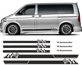 Set d'autocollants bandes latérales montagnes palmiers surf adapté pour VW T6, T6.1, T5, T4