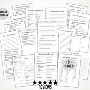 May include: A collection of printable checklists for new parents, including prenatal care, baby shopping, and hospital bag checklists. The pages are white with black text, and the words "INSTANT DOWNLOAD" are visible.