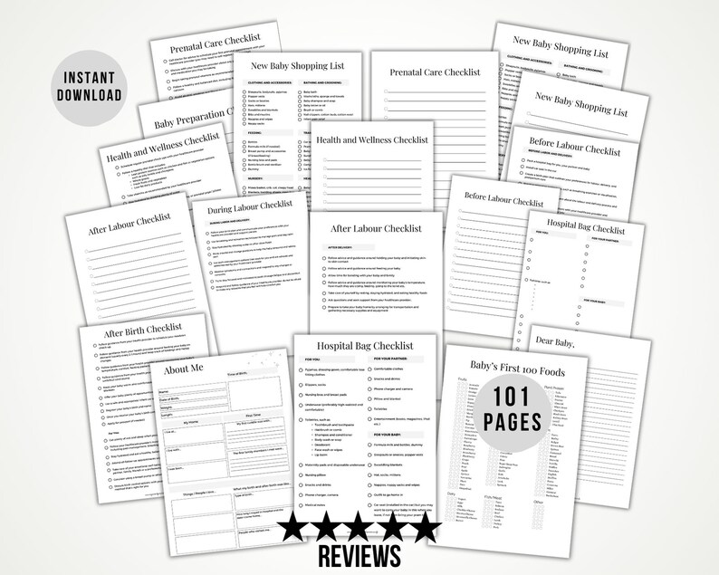 May include: A collection of printable checklists for new parents, including prenatal care, baby shopping, and hospital bag checklists. The pages are white with black text, and the words "INSTANT DOWNLOAD" are visible.