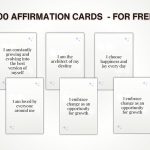 Puede incluir: Un conjunto de 100 tarjetas de afirmaci&oacute;n con mensajes positivos impresos en ellas. Las tarjetas son blancas con un dise&ntilde;o de color p&uacute;rpura claro y presentan un patr&oacute;n de estrella. Las tarjetas est&aacute;n dispuestas en una cuadr&iacute;cula sobre un fondo blanco.