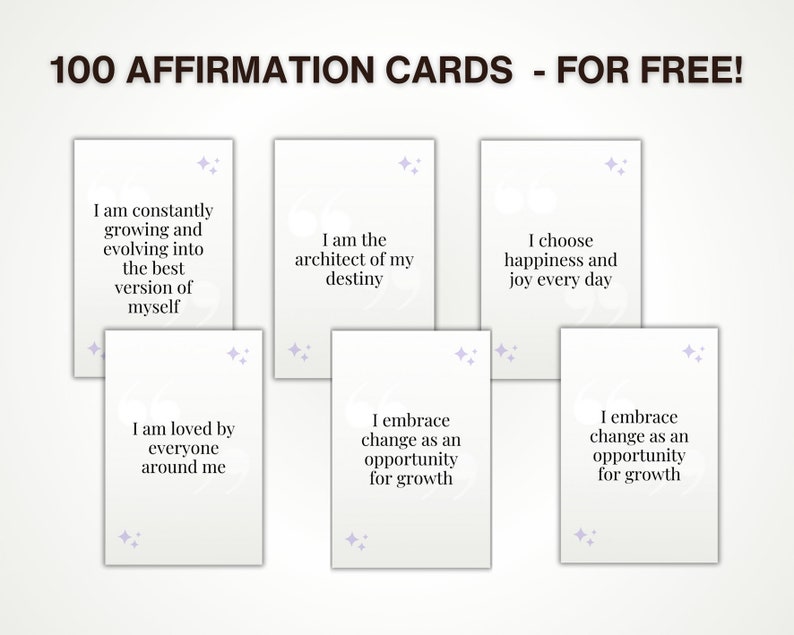 Puede incluir: Un conjunto de 100 tarjetas de afirmaci&oacute;n con mensajes positivos impresos en ellas. Las tarjetas son blancas con un dise&ntilde;o de color p&uacute;rpura claro y presentan un patr&oacute;n de estrella. Las tarjetas est&aacute;n dispuestas en una cuadr&iacute;cula sobre un fondo blanco.