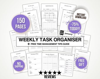 May include: A printable weekly task organizer with 150 pages, a free time management tips guide, and a free gift. The organizer includes pages for to-do lists, appointments, weekly meal plans, weekly planners, workout plans, cleaning checklists, and self-care plans. The image also includes the text "INSTANT DOWNLOAD -75% TODAY!" and "NO SHIPPING FREE GIFT".