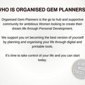 May include: Text on a white background reads "WHO IS ORGANISED GEM PLANNERS?" followed by descriptive text about the company. A circular graphic in the bottom right corner says "ACHIEVE MORE, STRESS LESS."
