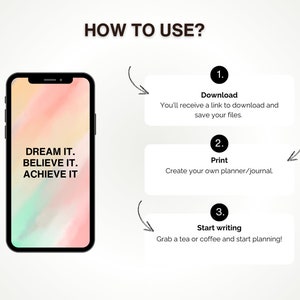 May include: Image showing a smartphone with the text "DREAM IT. BELIEVE IT. ACHIEVE IT" on the screen. Instructions on how to use the product are displayed next to the phone: Download, Print, and Start writing.