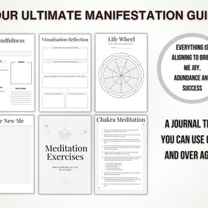 Puede incluir: Un diario imprimible en blanco y negro con el t&iacute;tulo "Your Ultimate Manifestation Guide". El diario incluye p&aacute;ginas para la atenci&oacute;n plena, la reflexi&oacute;n sobre la visualizaci&oacute;n, una rueda de la vida, la meditaci&oacute;n de los chakras y una secci&oacute;n titulada "The New Me".