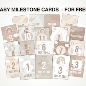 May include: A collection of baby milestone cards with a neutral color palette. Each card features a milestone such as "Smiled" or "Crawled", along with the baby's age in weeks or months. The cards have illustrations of rainbows, animals, and foliage.