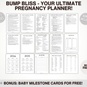 May include: A pregnancy planner with checklists, calendars, and lists for baby preparation, health, and appointments. The planner includes 101 pages and bonus baby milestone cards. The text reads "BUMP BLISS - YOUR ULTIMATE PREGNANCY PLANNER!"