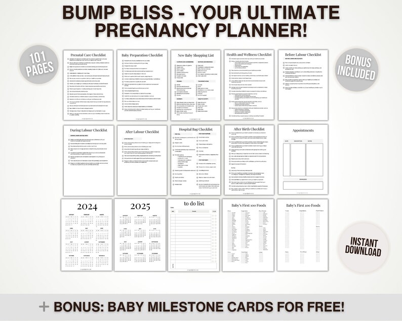 May include: A pregnancy planner with checklists, calendars, and lists for baby preparation, health, and appointments. The planner includes 101 pages and bonus baby milestone cards. The text reads "BUMP BLISS - YOUR ULTIMATE PREGNANCY PLANNER!"