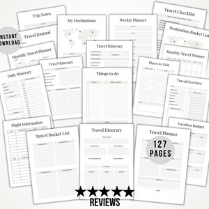 May include: A printable travel planner with 127 pages, featuring a variety of templates for trip planning, including a travel checklist, destination bucket list, weekly planner, monthly travel planner, daily itinerary, travel itinerary, flight information, travel bucket list, things to do, places to visit, travel overview, vacation budget, and travel planner.