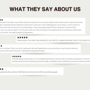 May include: A beige graphic with the text "WHAT THEY SAY ABOUT US" at the top. Below are customer reviews with five-star ratings. The reviews praise the product's quality, detail, and organization. The reviews also mention the product is a digital download.
