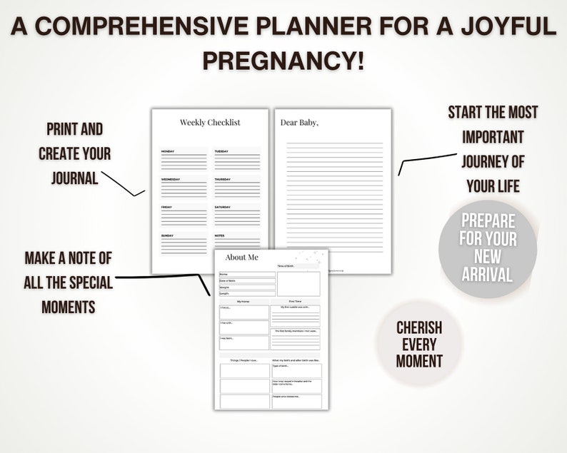 May include: A comprehensive pregnancy planner with pages for weekly checklists, journaling, and recording special moments. The planner includes prompts to document the journey and prepare for the new arrival. The text reads: "Print and create your journal."
