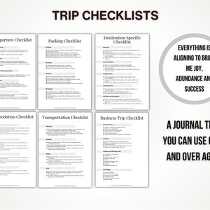 May include: A set of six black and white printable checklists for planning a trip. The checklists include: Pre-Departure, Packing, Destination Specific, Accommodation, Transportation, and Business Trip. The text "EVERYTHING IS ALIGNING TO BRING ME JOY, AUNDANCE AND SUCCESS" is in a circle at the top right of the image. The text "A JOURNAL THAT YOU CAN USE OVER AND OVER AGAIN" is at the bottom right of the image.