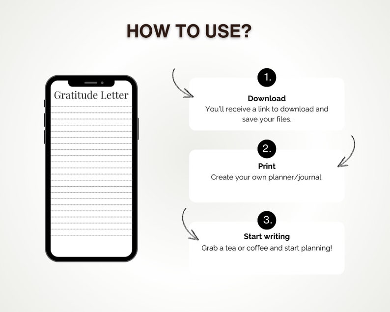 May include: A black and white illustration of a smartphone with the text "Gratitude Letter" on the screen. The image shows three steps for using the printable gratitude letter: download, print, and start writing.