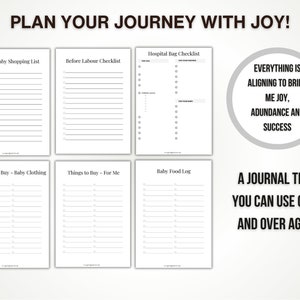 May include: A white journal with checklists for new parents, including a shopping list, labor checklist, and baby food log. The text reads "PLAN YOUR JOURNEY WITH JOY!" and "A JOURNAL THAT YOU CAN USE OVER AND OVER AGAIN."