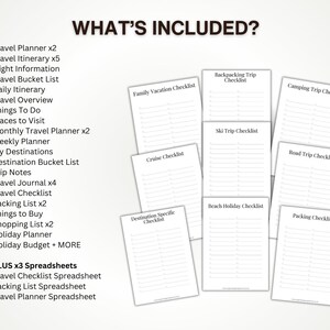May include: A collection of printable checklists and spreadsheets for planning different types of trips, including family holidays, backpacking, camping, ski trips, cruises, road trips, beach holidays, and more. The checklists are designed to help travellers organise their trips and ensure they have everything they need.